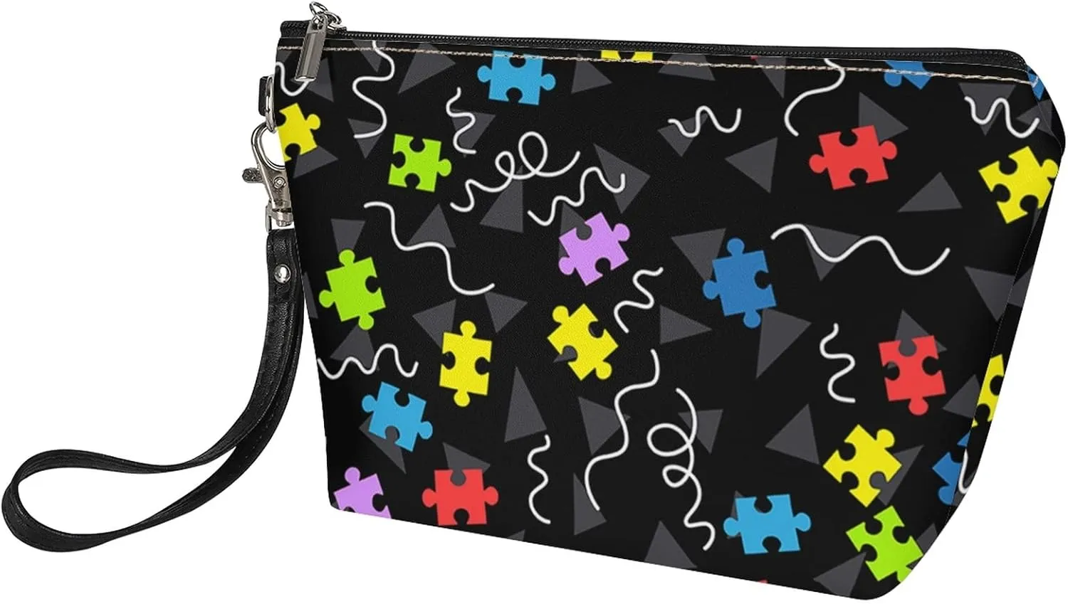 Howilath Autism Awareness Pattern Women Pu Leather Cosmetic Bags with Zipper Wrist Strap Travel Toiletry Cosmetic Pouch Bag