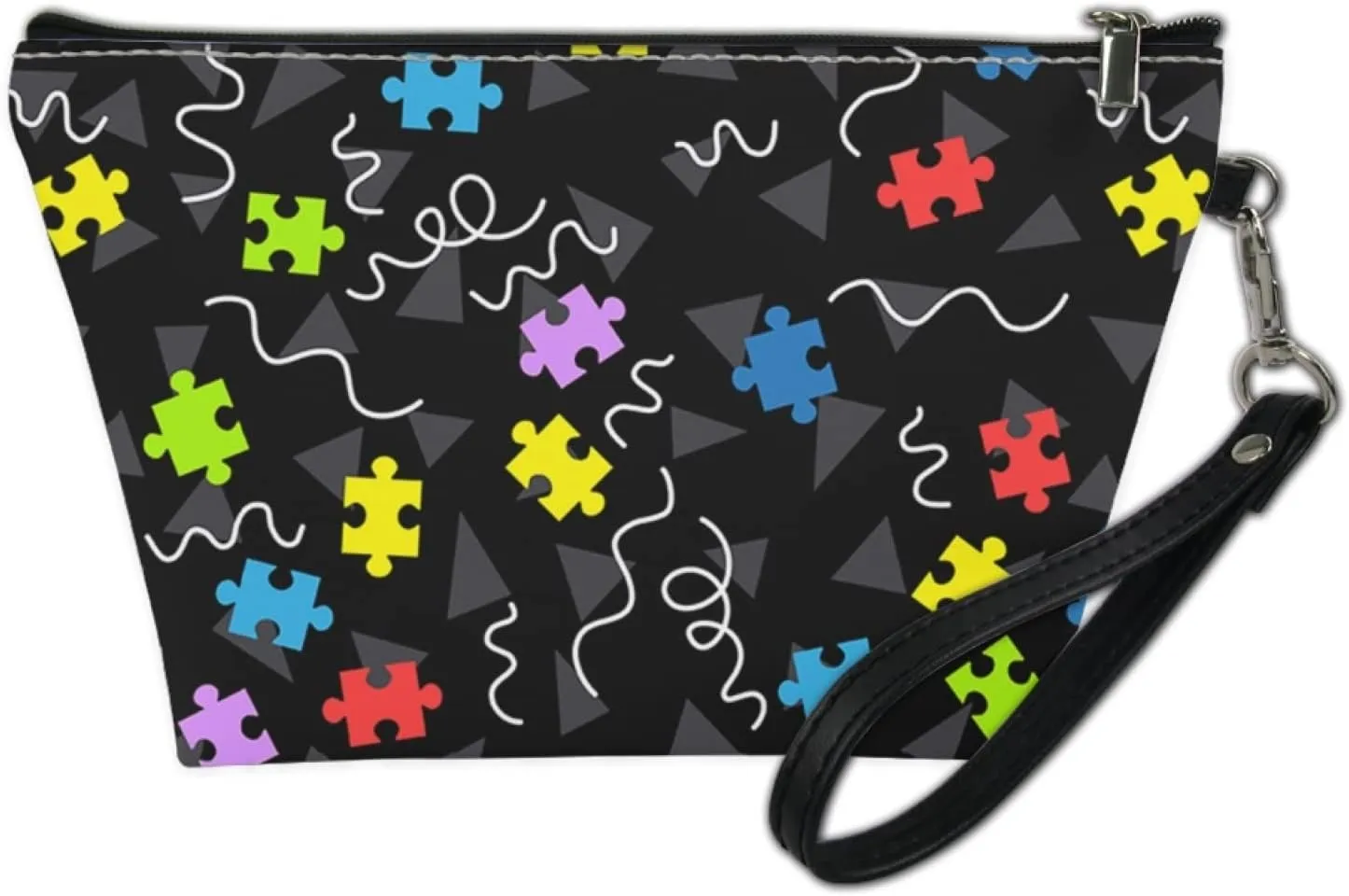 Howilath Autism Awareness Pattern Women Pu Leather Cosmetic Bags with Zipper Wrist Strap Travel Toiletry Cosmetic Pouch Bag
