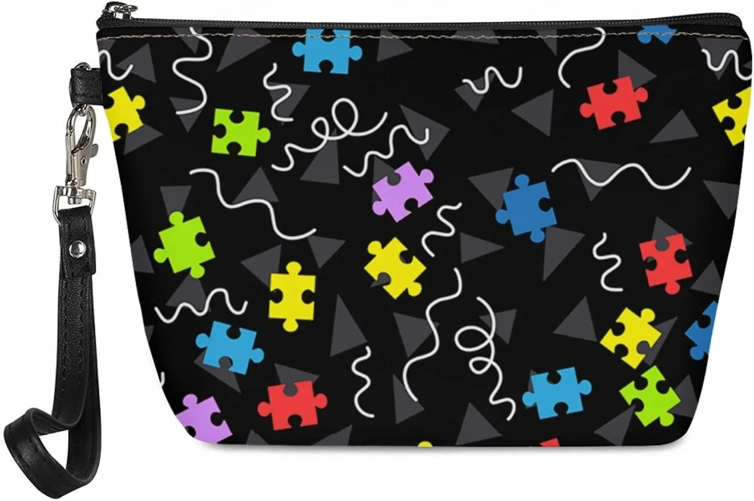 Howilath Autism Awareness Pattern Women Pu Leather Cosmetic Bags with Zipper Wrist Strap Travel Toiletry Cosmetic Pouch Bag