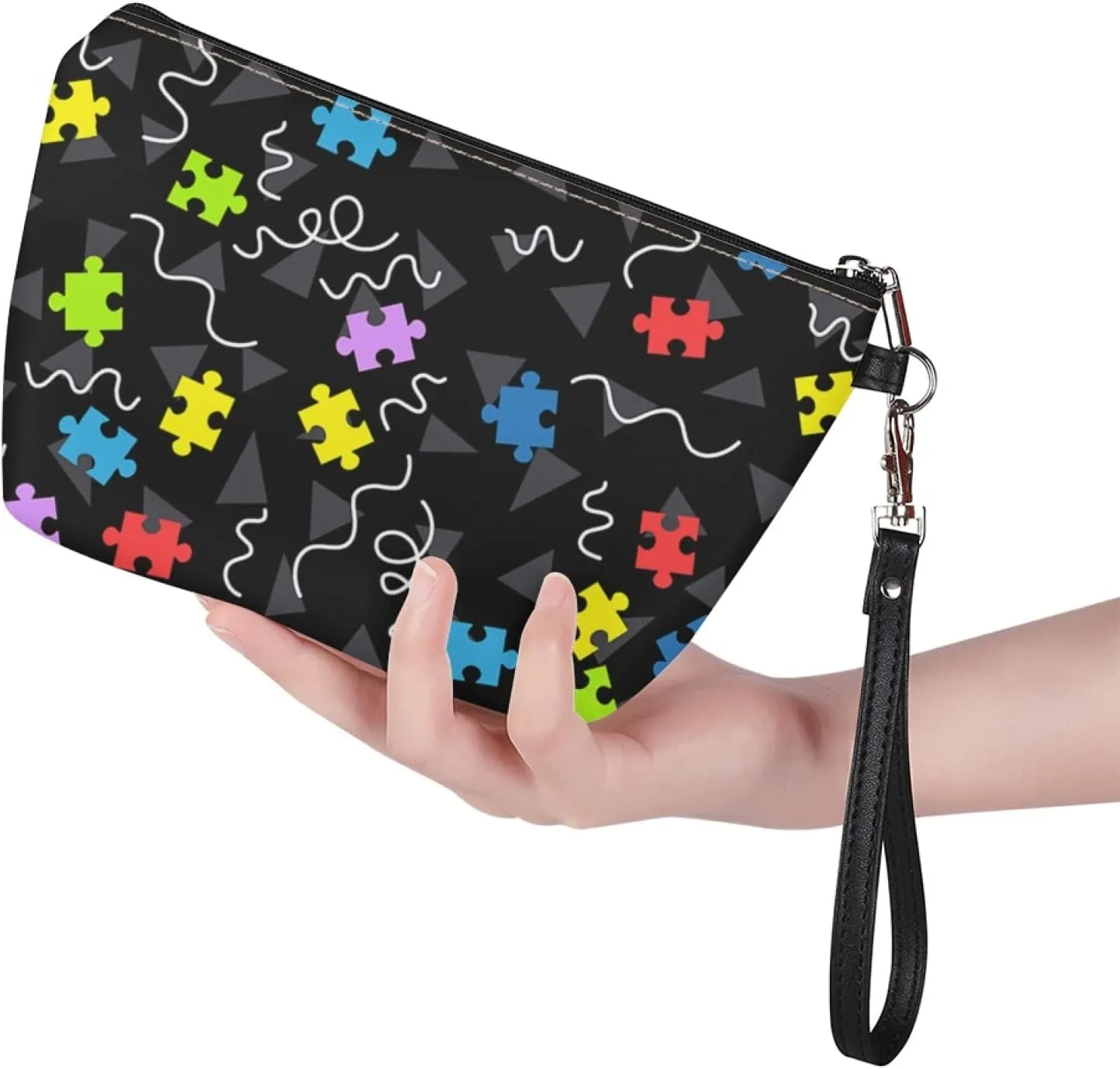 Howilath Autism Awareness Pattern Women Pu Leather Cosmetic Bags with Zipper Wrist Strap Travel Toiletry Cosmetic Pouch Bag