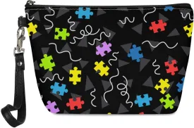 Howilath Autism Awareness Pattern Women Pu Leather Cosmetic Bags with Zipper Wrist Strap Travel Toiletry Cosmetic Pouch Bag