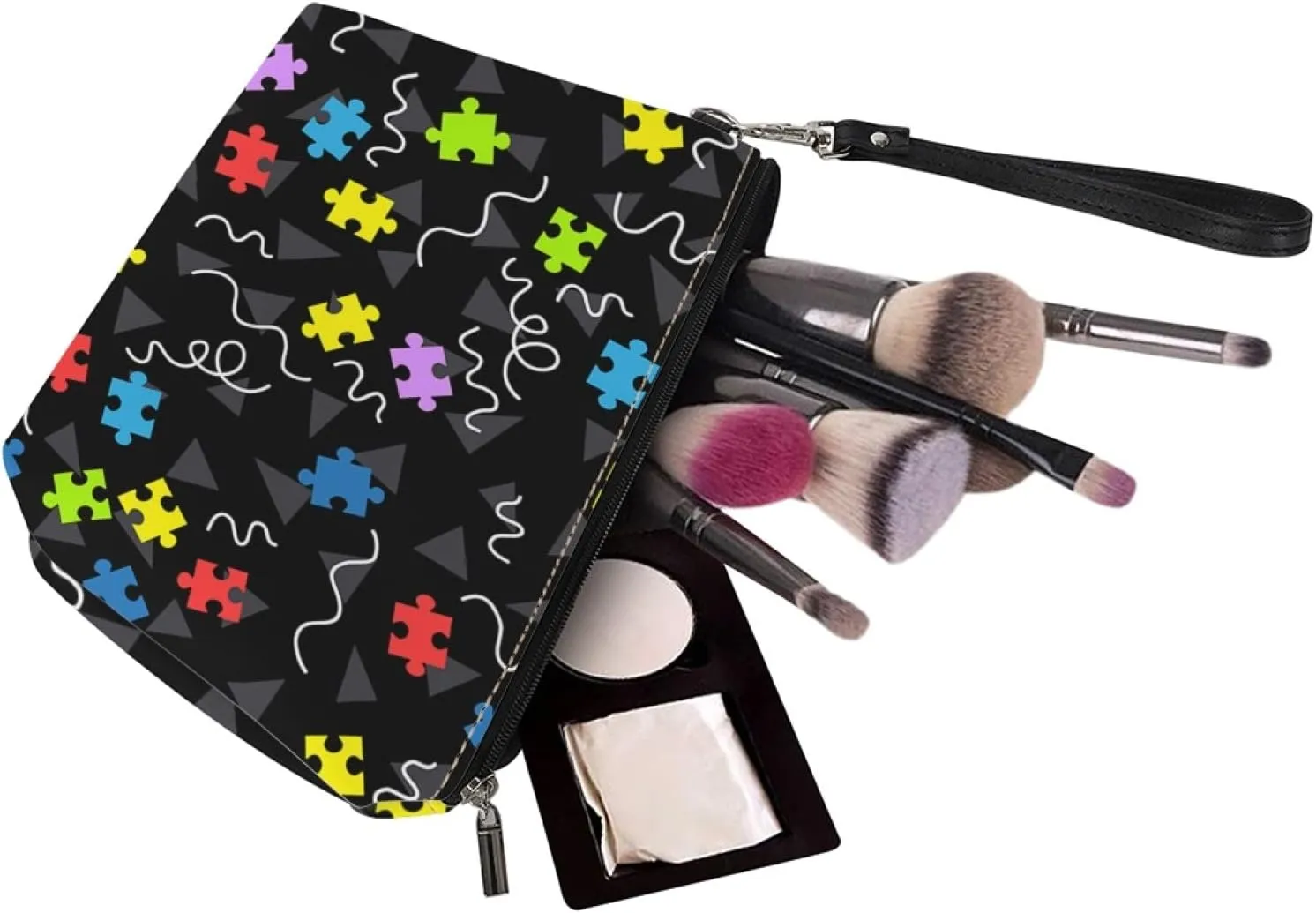 Howilath Autism Awareness Pattern Women Pu Leather Cosmetic Bags with Zipper Wrist Strap Travel Toiletry Cosmetic Pouch Bag