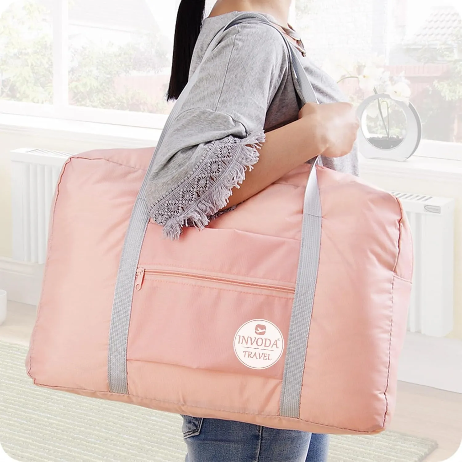INVODA Travel Duffel Bag for Women Men Foldable Luggage Bags Sports Gym Bag Spirit Airlines Personal Item Carry on Weekender Overnight Bag (Pink)