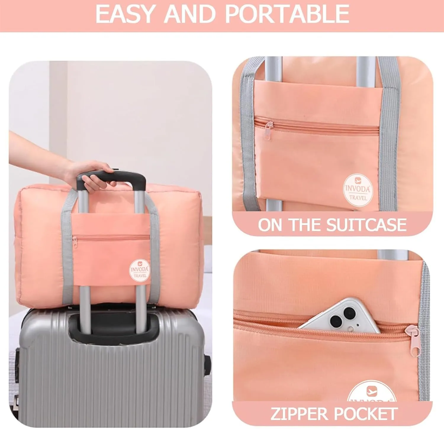 INVODA Travel Duffel Bag for Women Men Foldable Luggage Bags Sports Gym Bag Spirit Airlines Personal Item Carry on Weekender Overnight Bag (Pink)