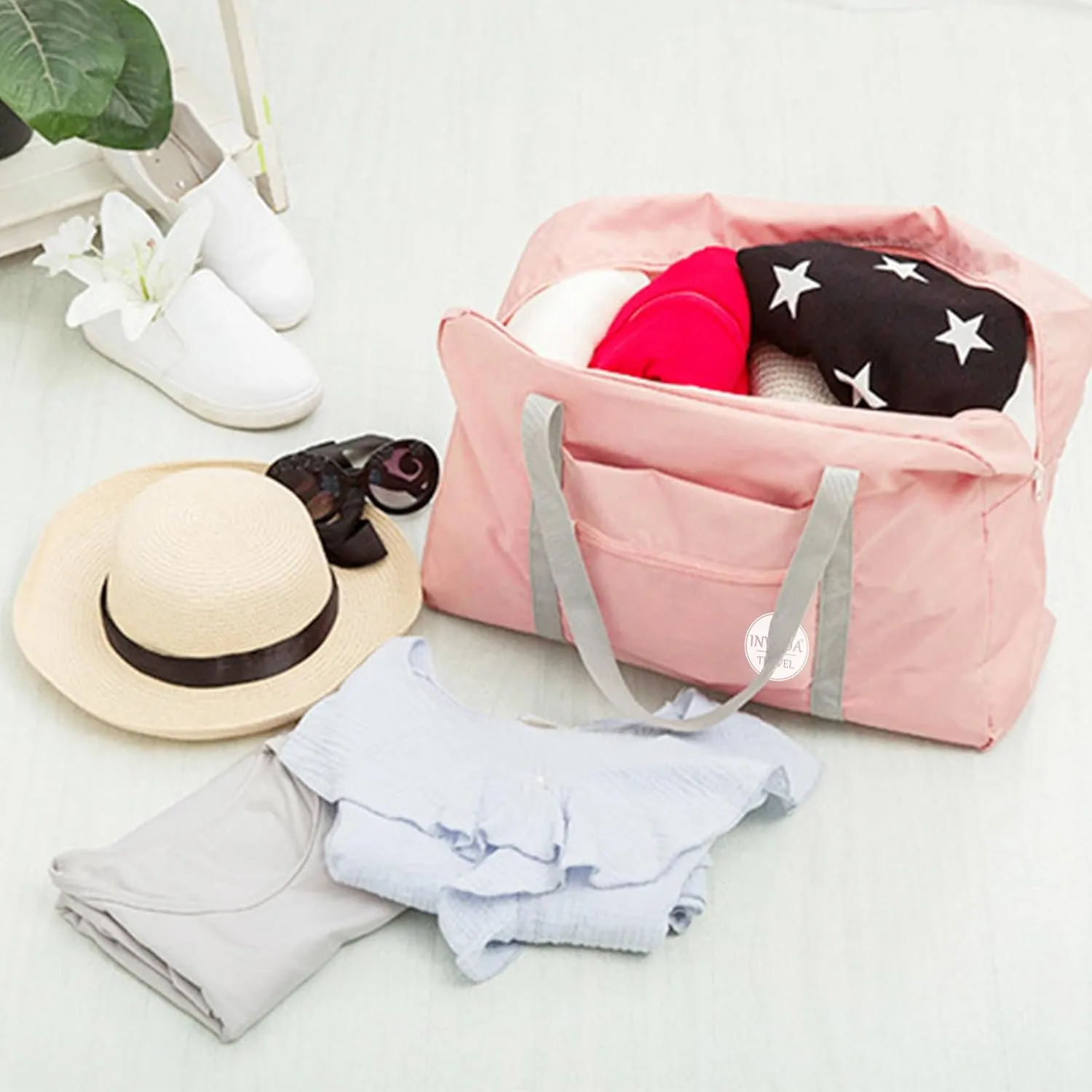 INVODA Travel Duffel Bag for Women Men Foldable Luggage Bags Sports Gym Bag Spirit Airlines Personal Item Carry on Weekender Overnight Bag (Pink)
