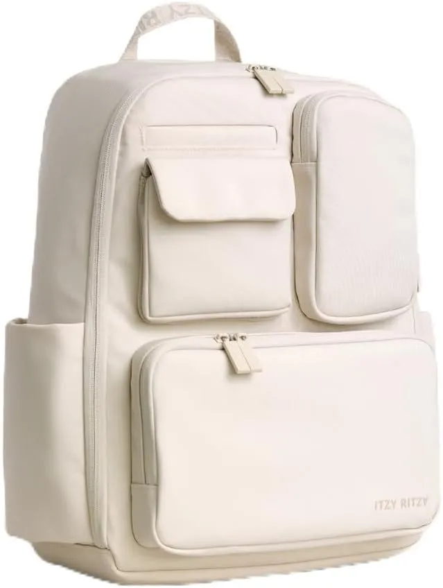 Itzy Ritzy Utility Diaper Bag Backpack  Features 17 Pockets (Including 2 Insulated Bottle Holders) & Trolley Sleeve and Includes Stroller Straps & Changing Pad  Part of the Belong Collection (Cream)