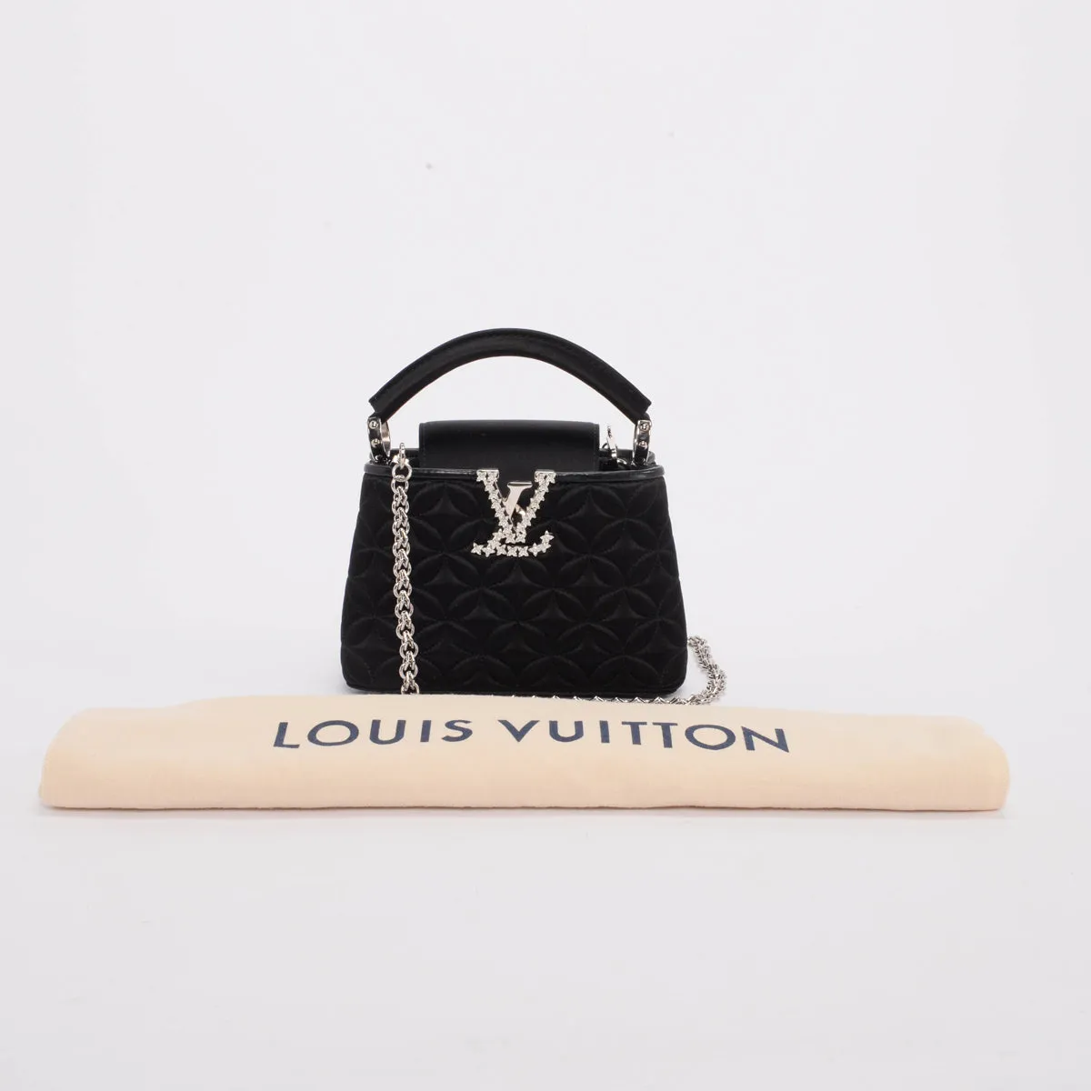 Louis Vuitton Black Satin Flower Embossed Mini Capucines