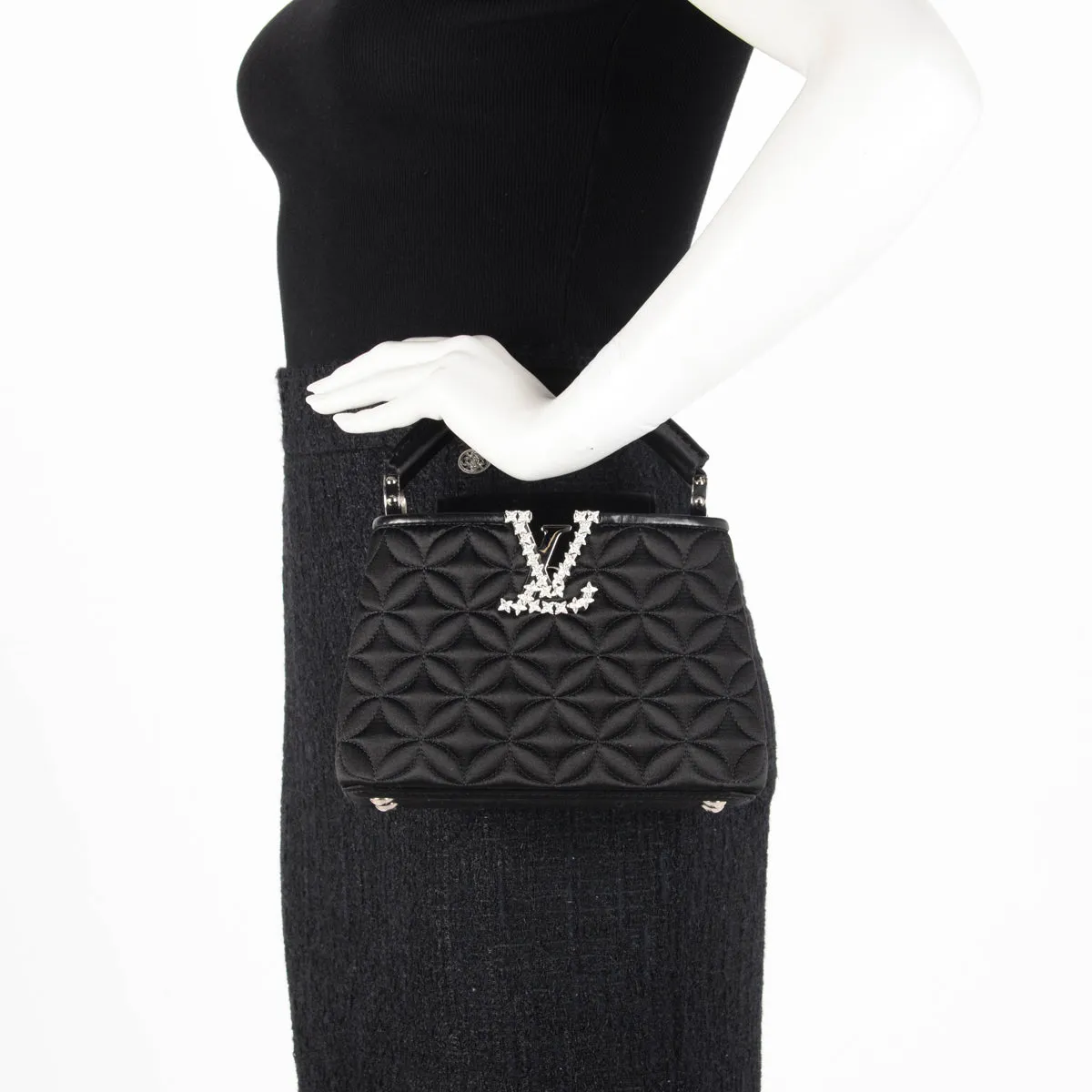 Louis Vuitton Black Satin Flower Embossed Mini Capucines