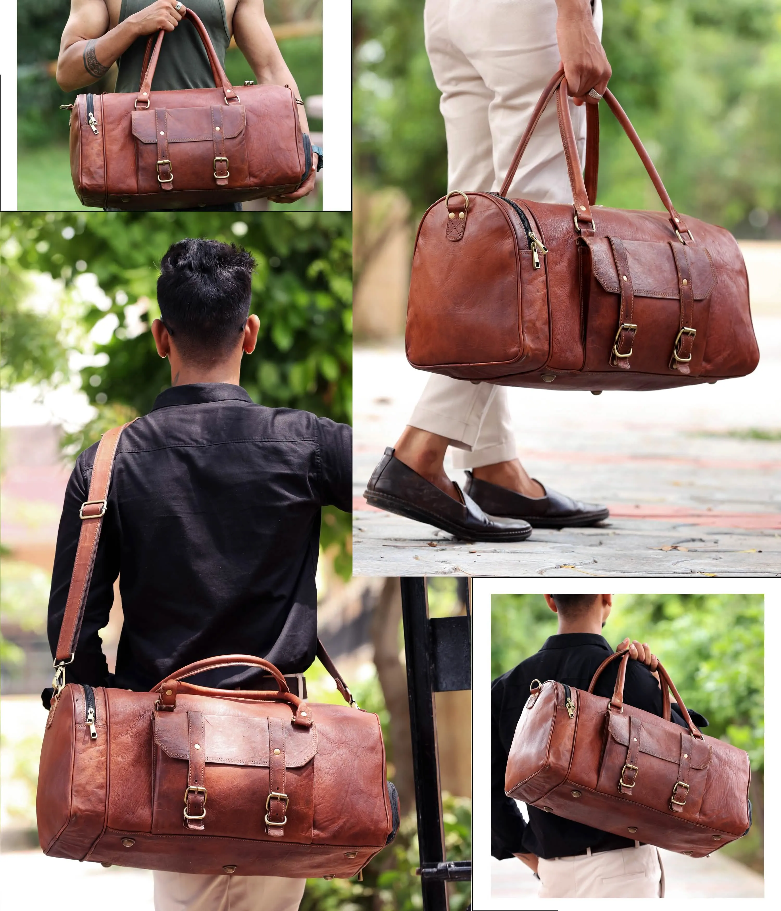 Luxury Leather Weekend Duffel Bag with Shoe Compartment