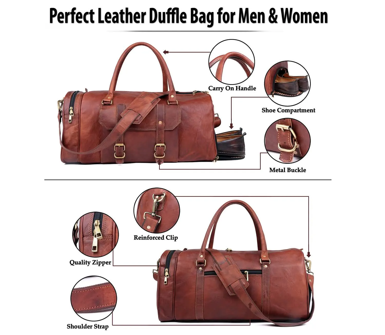 Luxury Leather Weekend Duffel Bag with Shoe Compartment