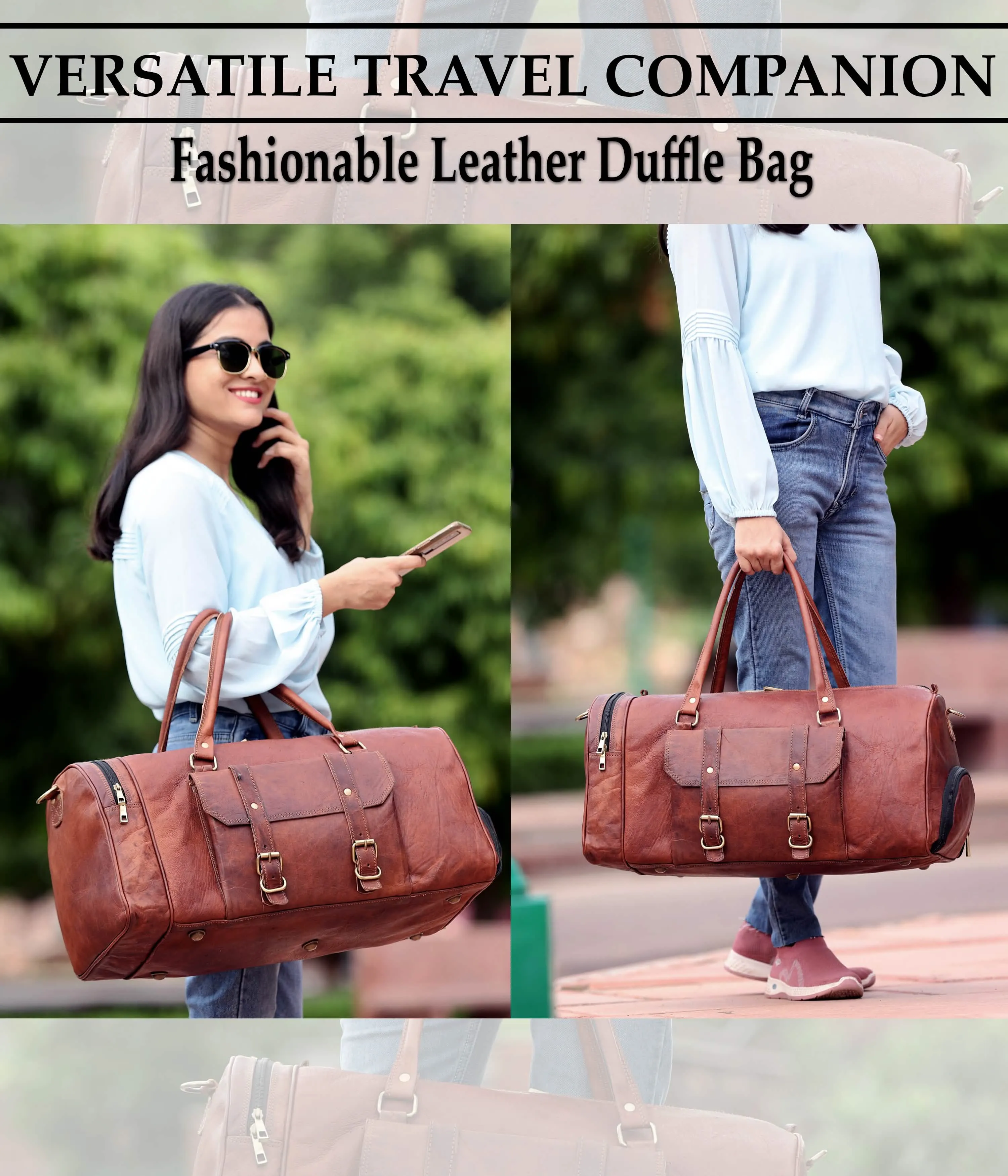 Luxury Leather Weekend Duffel Bag with Shoe Compartment