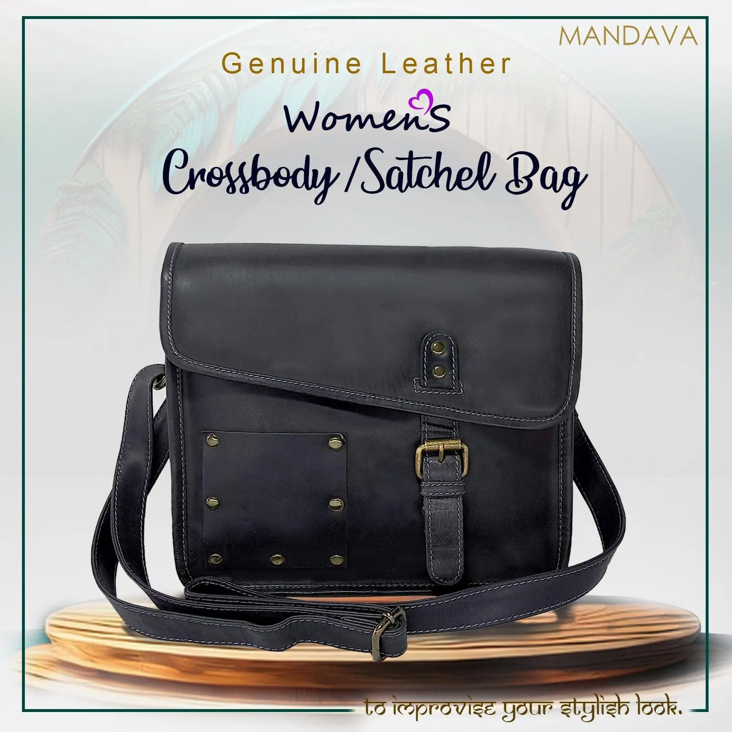 MANDAVA Full Grain Genuine Leather Crossbody Satchel Bag for Women with Adjustable Strap
