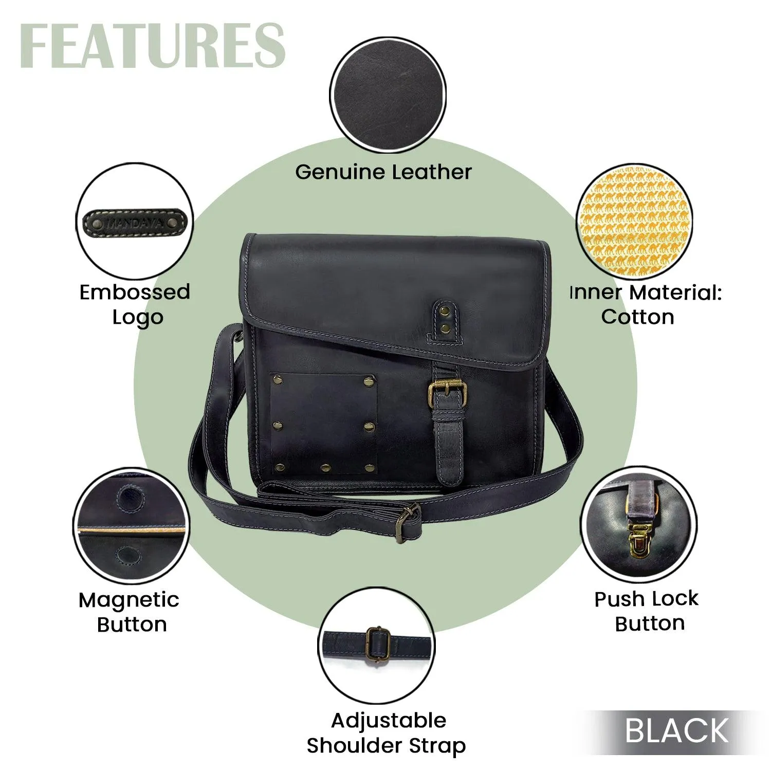 MANDAVA Full Grain Genuine Leather Crossbody Satchel Bag for Women with Adjustable Strap