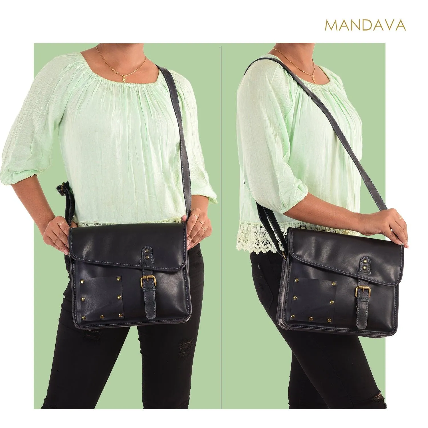 MANDAVA Full Grain Genuine Leather Crossbody Satchel Bag for Women with Adjustable Strap