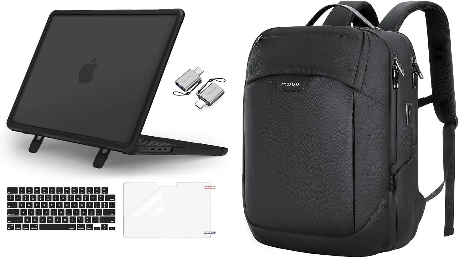 MOSISO 15.6-16 inch Laptop Backpack with USB Port&Front Pocket&Compatible with MacBook Pro 16 Case 2025-2021 M4 M3 M2 M1,Heavy Duty Case with Fold Kickstand&Keyboard Cover&Screen Film&Type C,Black