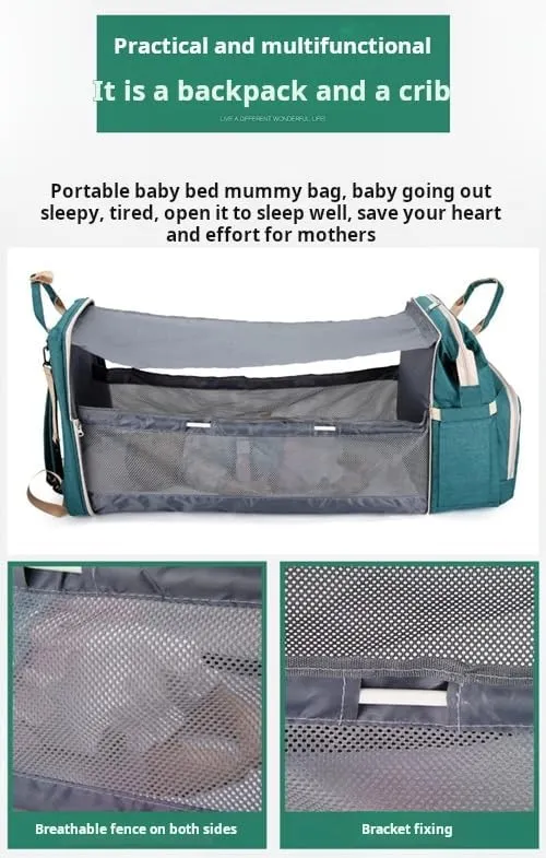 Multifunctional Diaper Bag Backpack with Portable Crib, USB Charging Port, Insulated Bottle Compartment, Grey, Navy, Blue Sun Awning With Usb, 14 Inch