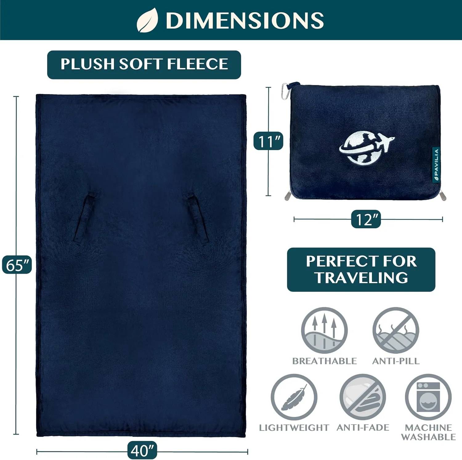 PAVILIA Travel Blanket and Pillow, Arms Opening Airplane Blankets for Adults, Compact Plane Blanket with Arm Hole 2-in-1 Bag for Flight Car Camping Fit in Luggage Backpack Traveler Gift, Navy Blue