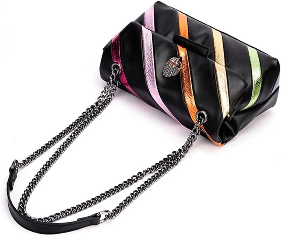 Rejolly Rainbow Stripe Crossbody Shoulder Bag for Women Color Blocking PU Leather Colourful Purse with Chain Strap