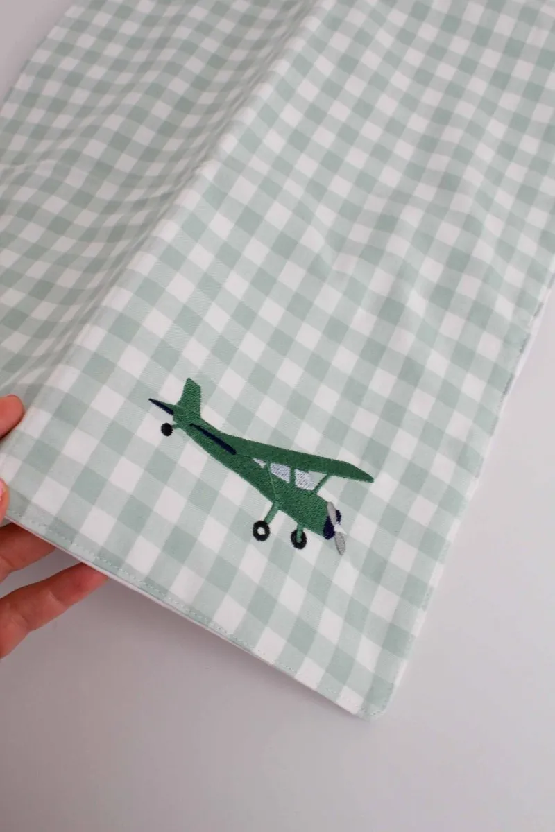Sage Gingham Vintage Plane Baby Changing Mat