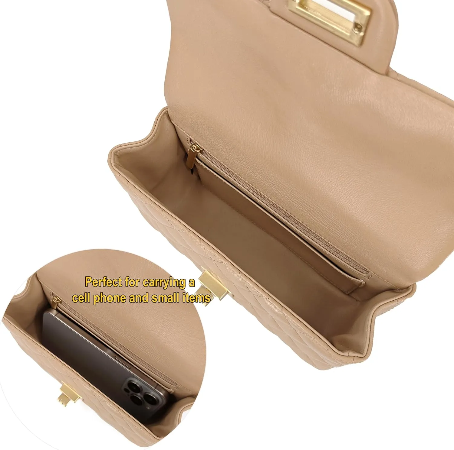Small Quilted Crossbody Bags for Women, Genuine Leather Shoulder Bag w/Gold Chain Strap, Soft Mini Top Handle Flap Purse