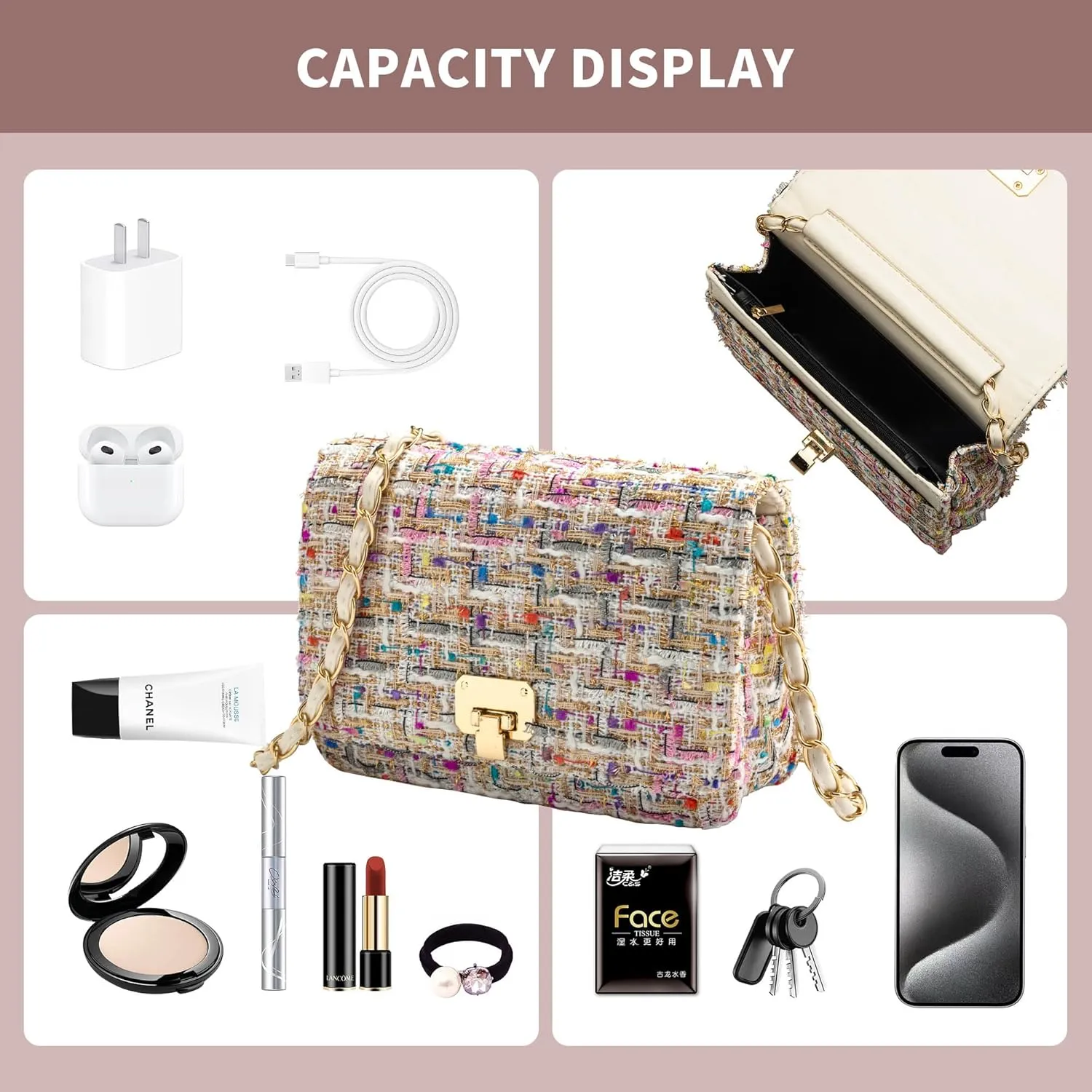 Small Quilted Shoulder Bag for Women Fashion Tweed Mini Clutch Handbag Purses Designer Crossbody Bag, with Chain Strap