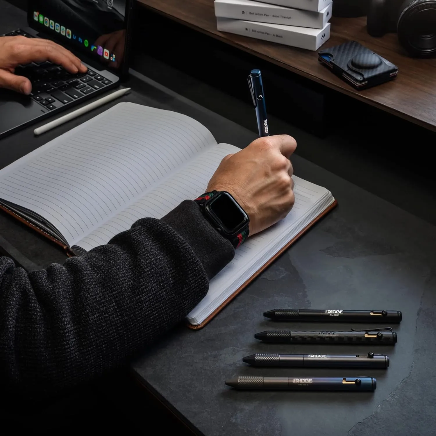 The Ridge Bolt Action Ballpoint Pen | Metal Retractable Compact Writing Instrument | Textured Grip & Internal Pressurized Refill | Burnt Titanium