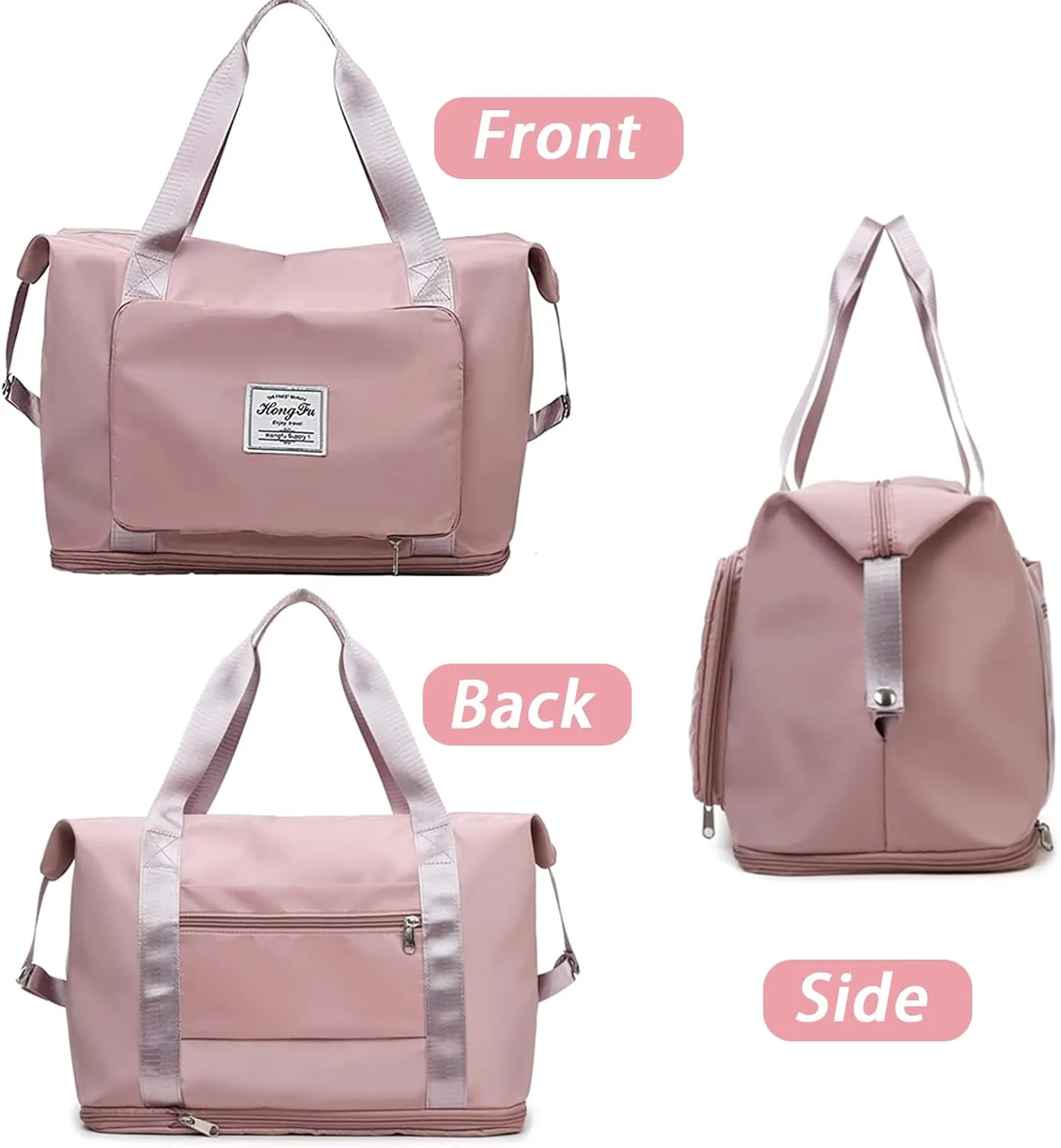 Travel Bag for Women Expandable Weekender Overnight Bag Carry on Sports Tote Gym Bag Waterproof Foldable Duffel Bag (Pink)