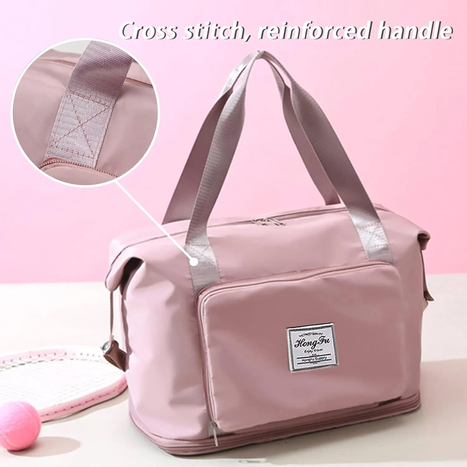 Travel Bag for Women Expandable Weekender Overnight Bag Carry on Sports Tote Gym Bag Waterproof Foldable Duffel Bag (Pink)