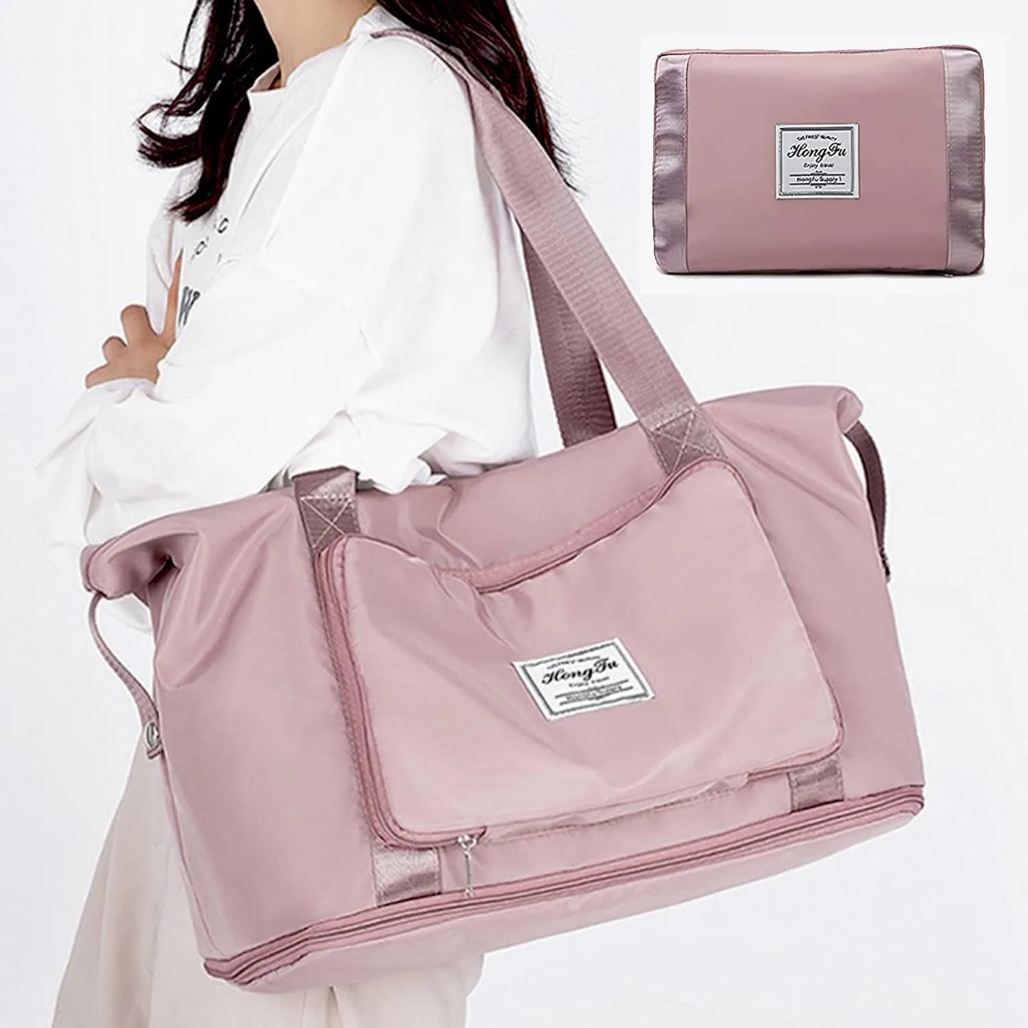 Travel Bag for Women Expandable Weekender Overnight Bag Carry on Sports Tote Gym Bag Waterproof Foldable Duffel Bag (Pink)