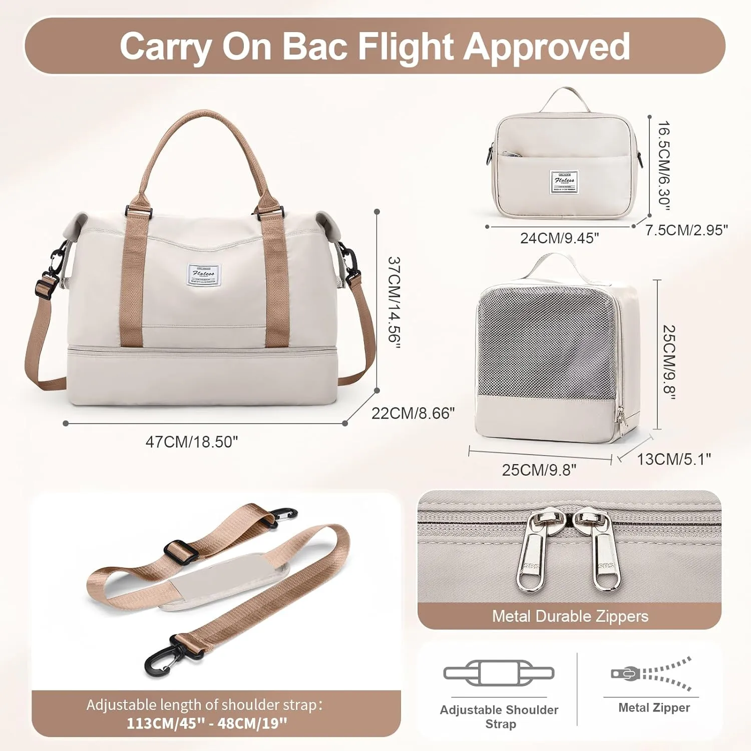 Travel Duffle Bag for Women,Weekender Overnight Bag with Shoe Compartment,Carry on Personal Item Travel Bag,3 Pcs Set,Beige & Brown