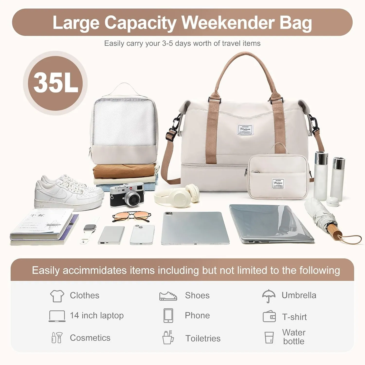 Travel Duffle Bag for Women,Weekender Overnight Bag with Shoe Compartment,Carry on Personal Item Travel Bag,3 Pcs Set,Beige & Brown