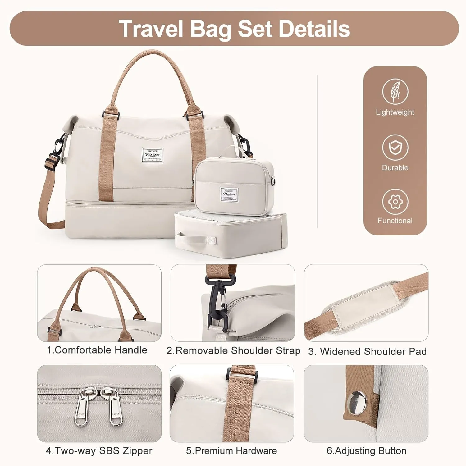 Travel Duffle Bag for Women,Weekender Overnight Bag with Shoe Compartment,Carry on Personal Item Travel Bag,3 Pcs Set,Beige & Brown