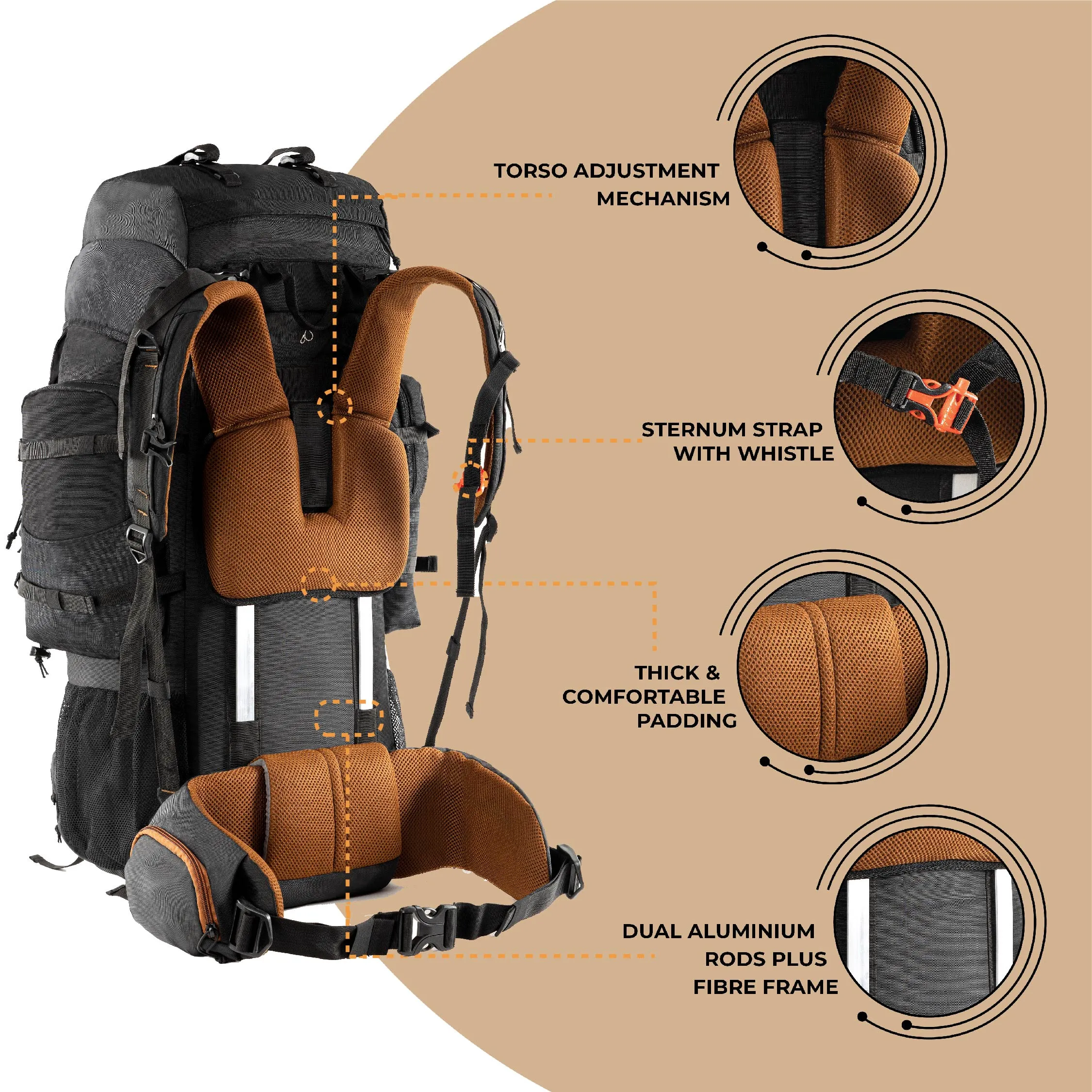 Tripole Walker Pro Metal Frame Rucksack with Rain Cover for Trekking & Travel | Front Opening | Laptop Sleeve | Men & Women | 5 Year Warranty | 80 Litres | Black