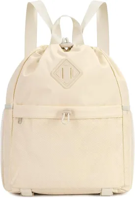 WANDF Drawstring Backpack Sports Gym Bag with Yoga Mat Strap, Water-Resistant String Backpack Cinch Bag with Mesh Pocket for Women Men (Beige, Patent Pending)