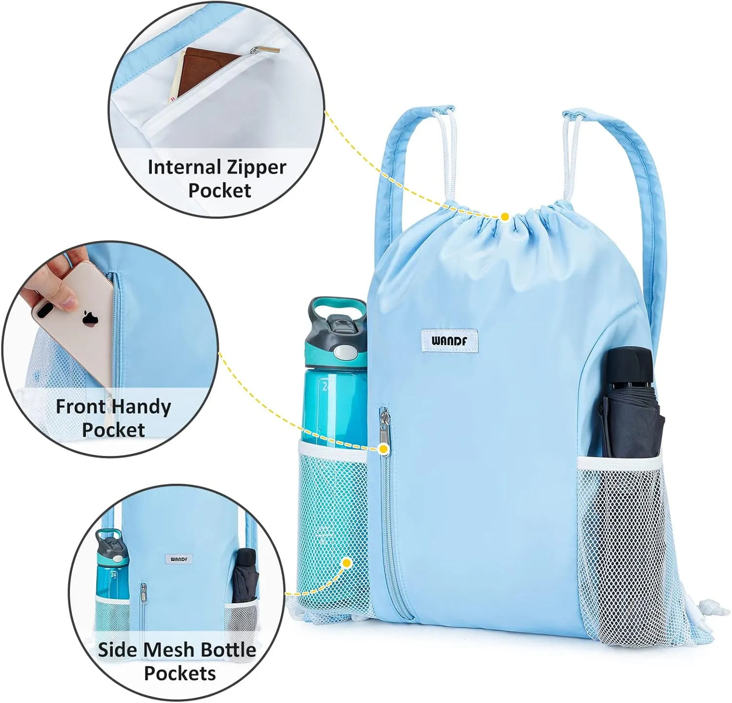 WANDF Drawstring Backpack with Shoulder Pad Sports Gym Backpack with Mesh Pocket String Bag for Women Men(Blue)