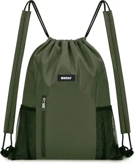 WANDF Drawstring Backpack with Shoulder Pad Sports Gym Backpack with Mesh Pocket String Bag for Women Men(Dark green)