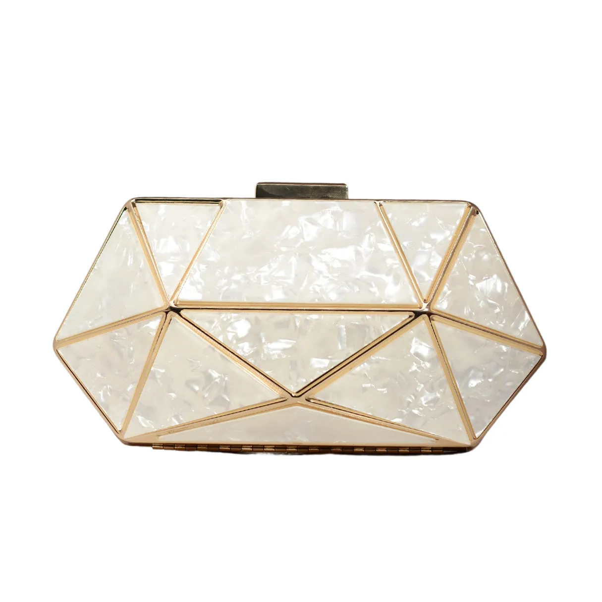 White Acrylic MOP Cutout Hexagon Metal Clutch