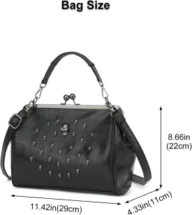 Women Vintage Hollow Handbag Oil Leather Kiss Lock Rivet Skull Shoulder Crossbody Bag Evening Clutch Satchel Purse