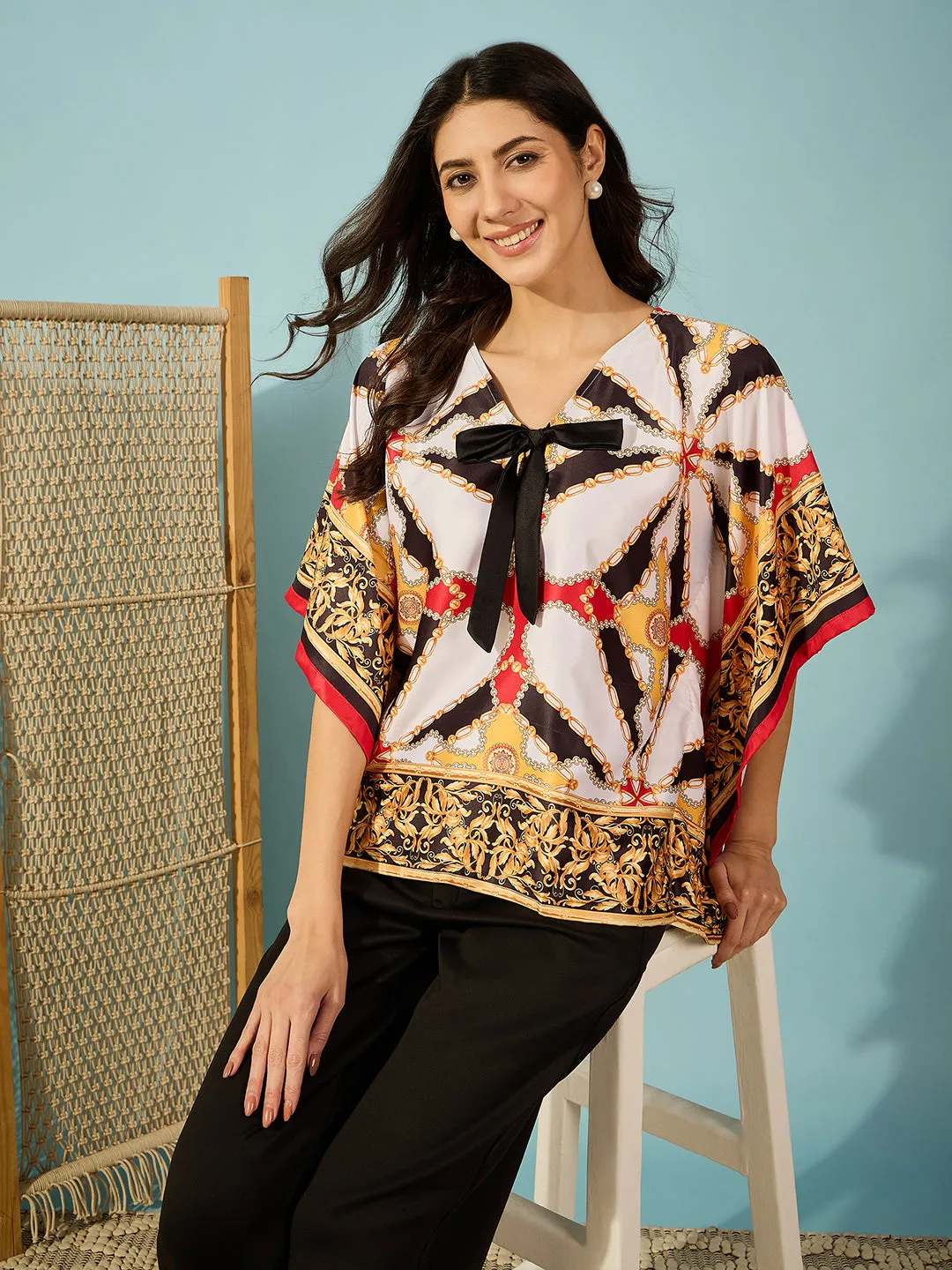 Women's Black Satin Abstract Kaftan - The Kaftan Company