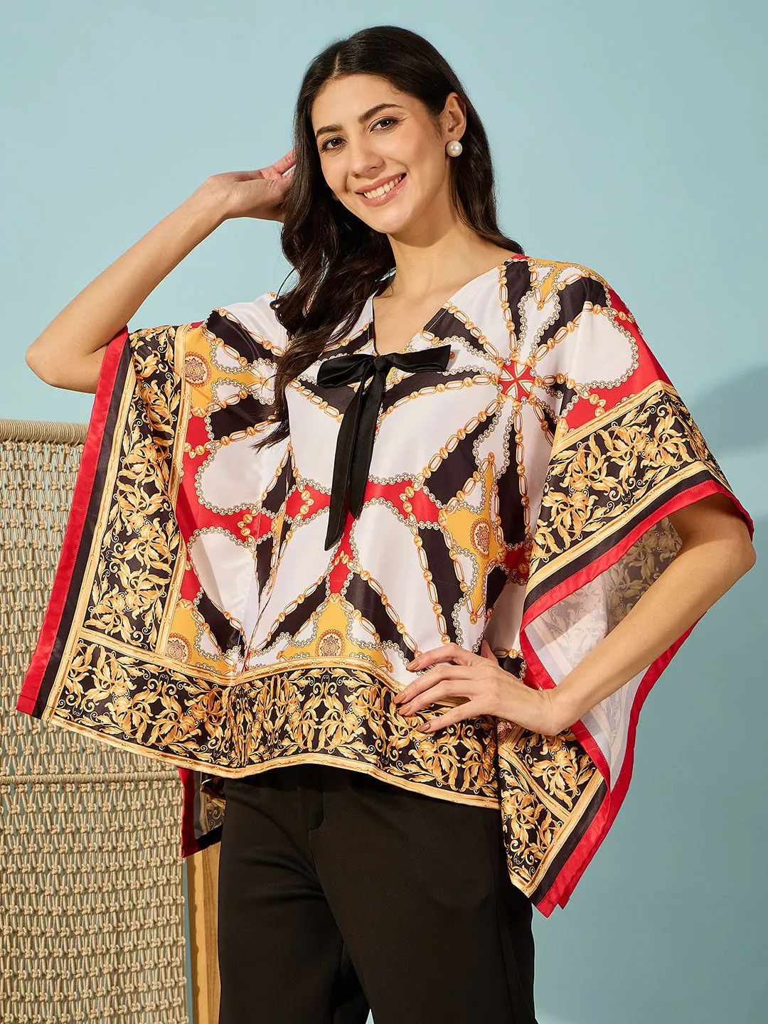 Women's Black Satin Abstract Kaftan - The Kaftan Company